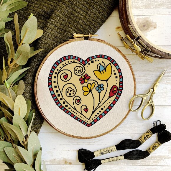 Bohemian Boho‎ Yellow Valentine Heart Counted Cross Stitch Kit - Picture 2 of 5
